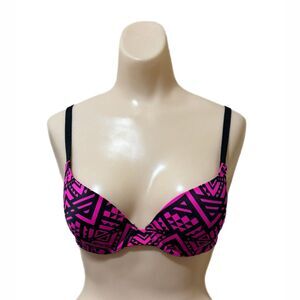 PINK 32B Push Up Underwire Bra Victorias Secret Black Pink Geometric Print